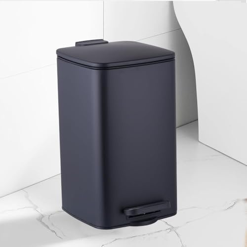 Small Bathroom Trash Can With Lid Soft Closing Lid, Step Pedal, 8 Liter/Stainless Steel Kitchen Garbage Can Dust Bin with Removable Inner Bucket (Black)