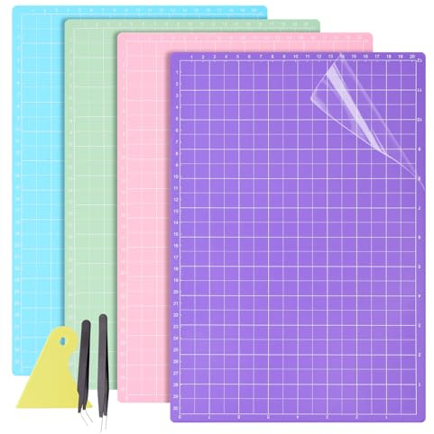 Samulee 4 Pièces Tapis de Decoupe, Tapis de Découpe avec Grattoir et 2 Pincette, 22 x 32 cm Multicolore Tapis de Decoupe Couture pour Projets d’Artisanat (StandardGrip/LightGrip/StrongGrip/FabricGrip)