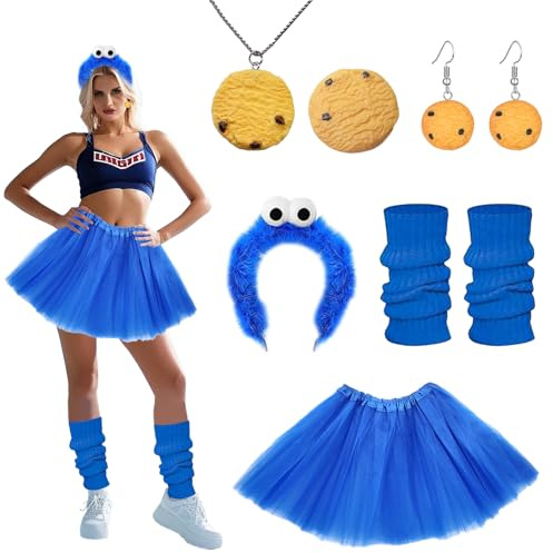 WanderGo Kekse Monster Kostüm, 8 Stück Muppets Kostüm mit Tüllrock Blau, Blaue Stulpen Damen, Haarreif, Halskette Haarnadel Ohrringe für Halloween Karneval Fasching Cosplay