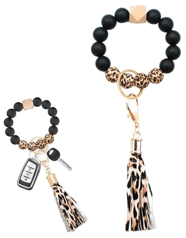 Schlüsselanhänger Auto Frauen, Silikon Perlen Armband Leoprint Quaste | Elastisch Handgelenk, Geschenke, Leopard Schwarz, tragbar modisch, leicht griffig, praktisch, Alltag, flexibel, weich