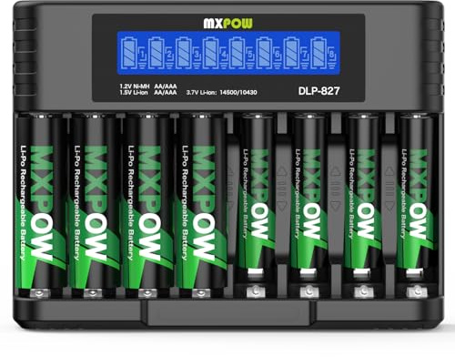 MXPOW AA AAA Akku Lithium wiederaufladbar, 1,5V, LCD Ladegerät | 1500 Zyklen, Vorgeladen, Geringe Selbstentladung, Auslaufsicher, Schnellladung, Konstante Ausgabe, Sicherheitsschutz