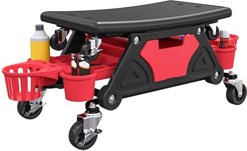 HOMCOM Rolling Mechanic Stool, 135kg Capacity Workshop Stool with 360° Swivel Wheels, Roller Creeper Seat with Slide Out Tool Trays, Drawer, Bottle Holders for Garage, Shop, Auto Repair, Red