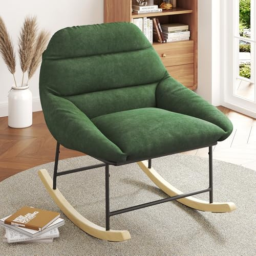 Meskanu Bequemer Schaukelstuhl für das Kinderzimmer Schaukelstuhl mit Sherpa-Fleece-Polsterung, tiefem Sitz, gepolsterter Sitzfläche und Breiten Armlehnen für Wohnzimmer, Schlafzimmer und Büro, Grün