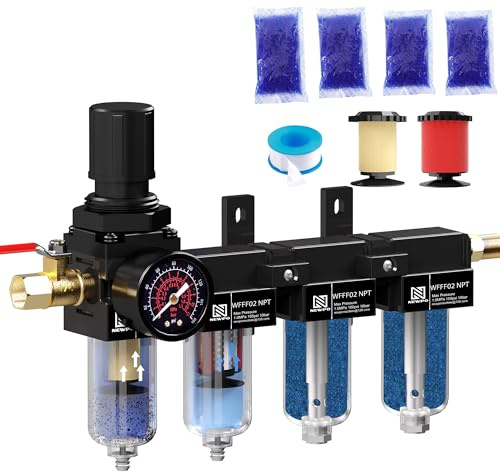 NEWPO 1/4'' NPT 4 Stage Air Drying System,Air Dryer for Compressor,Brass Coalescing Filter 5 &0.01 Micron Filter,Double Desiccant Dryer for Plasma Cutter and Paint Spray,Semi-Auto Drain (Black)