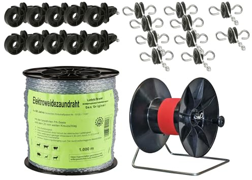 Kerbl Weidezaunset – Komplett-Set für Elektrozaun | 1.000 m Litze + Haspel Super BIG + 10x Splintisolator + 10x Torgriffisolator