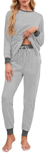 Namatime Pyjama Damen Schlafanzug Lang Winter Zweiteiliger Hausanzug Baumwolle Schlafanzüge für Damen Dunkelgrau M