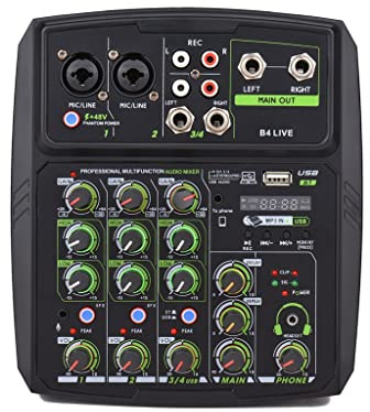 Console de mixage audio 4 canaux écran LED Carte son intégrée Connexion USB BT avec retard de gain EQ 2 bandes