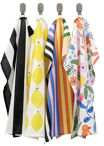 FAKHRI RINNIG Tea Towels, 4 Pack – Multicolour Patterned Cotton Kitchen Towels, 45x60cm, Absorbent & Reusable Dish Cloths