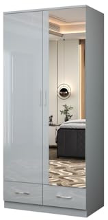 GLOSSIQUE 2 Door Wardrobe with Mirror and Drawers, High Gloss MDF Mirrored Wardrobe for Bedroom with 2 Drawer 6 Shelves & Hanging Rail - Grey 90cm