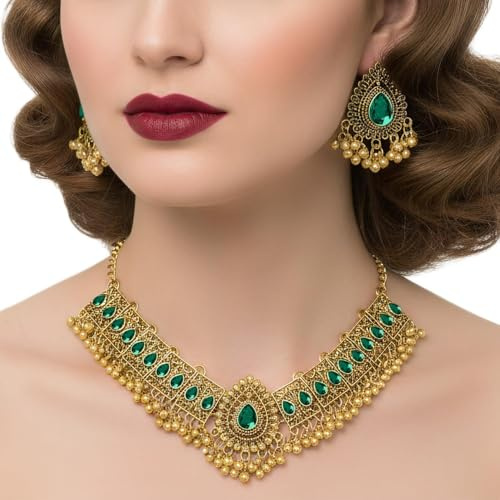 VLYX Conjunto de Joyas Tradicionales Indias para Mujer, Collar y Pendientes Jhumka para Bodas y Fiestas (Verde)