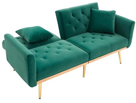 DRIXNO Klappbares Schlafsofa, Zweisitzer-Sofa mit Kissen, umwandelbares Schlafcouch mit Verstellbarer Rückenlehne, Sofa mit Schlaffunktion fürs Wohnzimmer, Schlafzimmer, 165x72.5x75 cm, Grün
