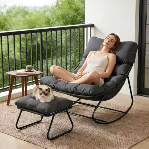 Schaukelstuhl mit Hocker Innen,Loungesessel Outdoor,XXL Schaukelsessel Relaxstuhl, Schaukelstuhl Wohnzimmer, Relaxstuhl mit Gepolstertem Kissen bis 150kg Belastbar, Schaukelliege für Balkon(Grau-yi)