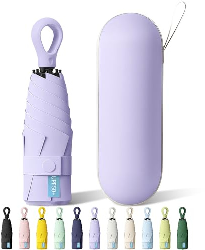FWHFNB Taschenschirm, 6 Rippen Mini Regenschirm,UV-Regenschirm, Taschenschirme Mit Ringgriff und Kapselhülle, für Männer und Frauen (Lila)