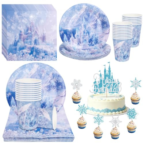 65 Stück Eisprinzessin Deko Kindergeburtstag Partygeschirr Set für 16 Gäste,20 Eisschloss Servietten + Pappteller + Becher + Schloss Tortendeko für Kindergeburtstagsdeko Motto Blue Party Deko Winter