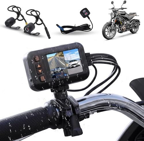 Rimoody Dashcam per Moto 1080P con Due Telecamere, 2 Schermo, Telecamera a Doppia Lente Anteriore e Posteriore, IP67 Impermeabile, Visione Notturna, G-Sensor, Loop Video, Monitoraggio di Parcheggio