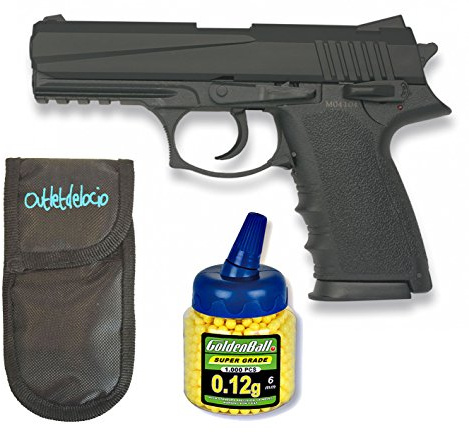 Outletdelocio. Pistola Airsoft HA126 Negra metálica. Calibre 6mm. + Funda portabalines + Biberon 1000 Bolas. 62781/23054/21993