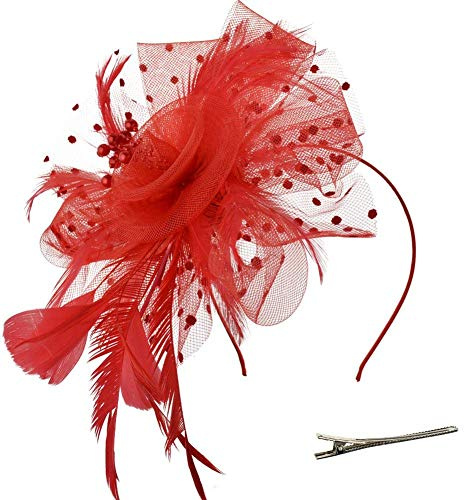DRESHOW Fascinator Hüte für Damen Pillbox Hut mit Schleier Stirnband und Einer Gegabelten Clip Tea Party Kopfbedeckung