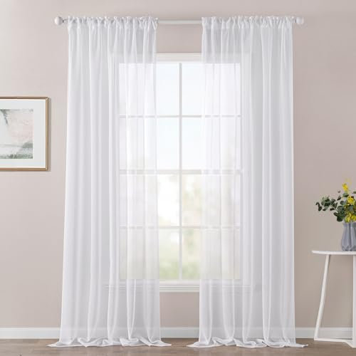 MIULEE 2er Set Sheer Voile Vorhang Stangedurchzug Transparente Gardine Polyester Fensterschal Transparent Wohnzimmer Luftig Dekoschal für Schlafzimmer 140 X 225cm(B x H),Rod Pocket Weiß