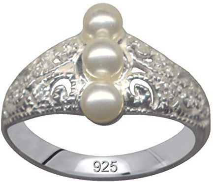 Anello da dito in vero argento Sterling 925 con 3 perle e cristalli di zirconi, amore, fede, speranza, emozione, simbolo di stile, stravagante, bello, alla moda, bianco trasparente