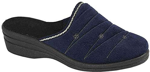 S & B Footwear New Ladies Fleece Comfort Warm Velour Embroidered Flower Slip On Wedge Mules Slippers Shoe Size 3-8 (navy, 6)