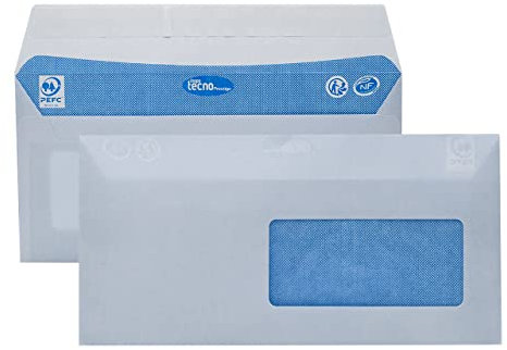 TECNO PRESTIGE, boîte de 500 enveloppes extra blanc, bande de protection, 80g, Format DL 110x220 mm avec fenêtre 45x100