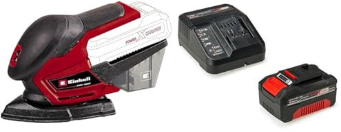 Einhell - Levigatrice multifunzione TE-OS 18/150 Li-Solo Power X-Change + Power-X-Change Starter Kit, Caricabatteria e Batteria da 4000 mAh Li-Ion, Nero, Rosso