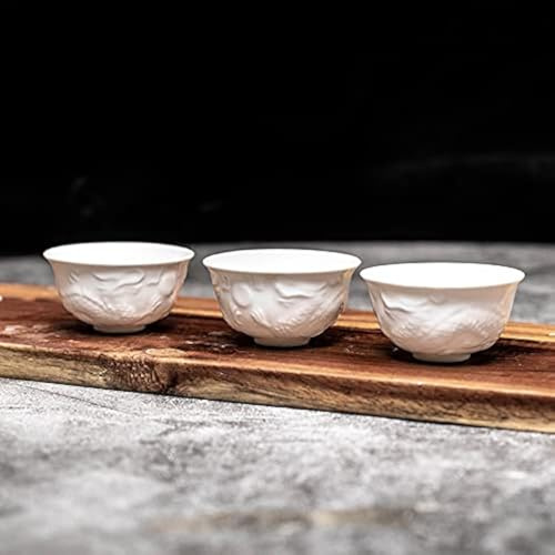 HonHeam Handmake Ceramic Mini Kungfu Tea Cups, Chinese Embossed Dragon Style White Porcelain Tiny Teacups,Tea Bowl Cup set of 6