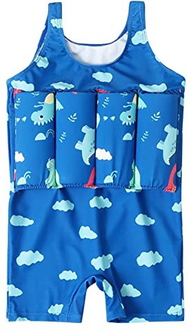 IWEMEK Boy Girls Floatation Swimsuit with Adjustable Buoyancy Baby Swim Vest Life Jacket Summer Training Float Suit One Piece Floating Swimwear Safety Pool Bathing Suit for Kids Dark Blue 18-24 Months