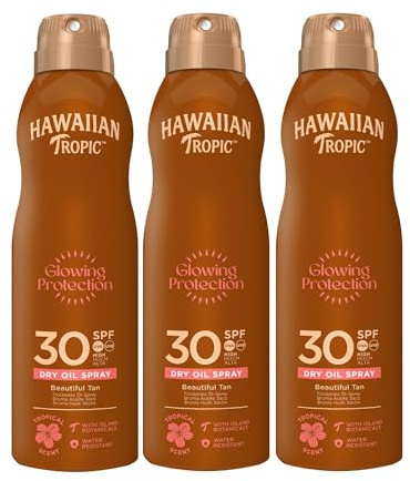 Hawaiian Tropic Protective Bruma Aceite Seco SPF 30 - Tripack Aceite Bronceador en Spray con Sabor a Coco y Mango, 180 ml - 3 unidades