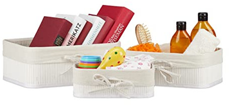 Relaxdays Cesto Almacenaje Set 3, Bambú con Funda de Tela, 3 Tamaños, Cesta Juguetes, Baño, Cosméticos y Toallas, Blanco