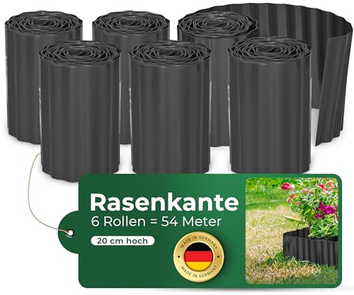 Novatool Lot de 6 rouleaux de bordure de pelouse en plastique, 54 m de haut, 20 cm de haut, couleur anthracite, 6 x 9 m pour bordure de parterre de jardin, protection des racines, barrière contre les