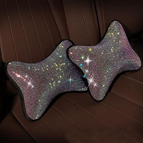 BlingSHD 2 Pcs Bling Car Neck Pillow for Driving Seat Auto Head Rest Neck Support Relax Cushion Crystal Diamond Rhinestone Car Headrest Pillow,Colorful