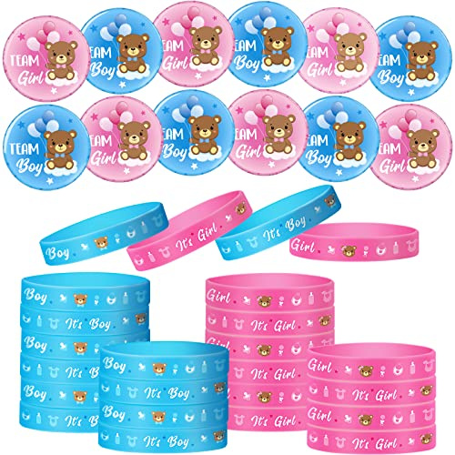 Syhood 48 Stück Gender Reveal Spiel Set mit 24 Geschlecht Offenbaren Anstecknadeln 24 Geschlecht Verkünden Silikon Armbänder Rosegold Team Girl Boy für Baby Party (Blau, Rosa, Bär)