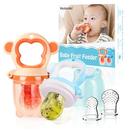 HAOBAOBEI - Chupete de alimentación de frutas frescas, paquete de 2 mordedores para masticar, juguete de dentición congelable, alivio de la dentición, comedero de alimentos con 4 bolsas de silicona,
