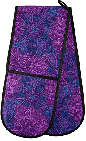 Moyyo Oven Glove Purple Boho Style Double Oven Glove Heat Resistant Kitchen Oven Mitt with Soft Quilted Cotton Lining Filling Pot Holders for Basking Cooking Pizza Microwave
