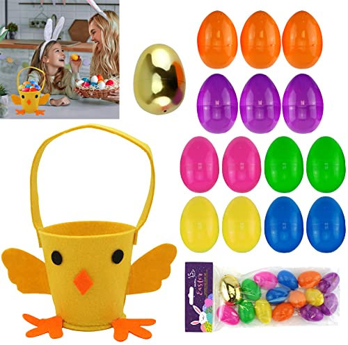 Easter Fillable Eggs 15Pcs & Chick Felt Bucket, Refillable Golden Surprise Egg, Basket Fillers, Kids Easter Crafts, Egg Hunt Essentials, Treat Bag, Chocolate Storage, Gift Wrapping
