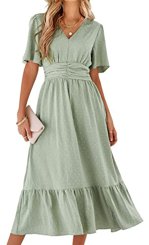 BebreezChic Vestido de verano para mujer, largo bohemio, elegante, manga corta, cuello de pico, cintura alta, punto suizo, fruncido, flores, vestido de playa, verde claro, M