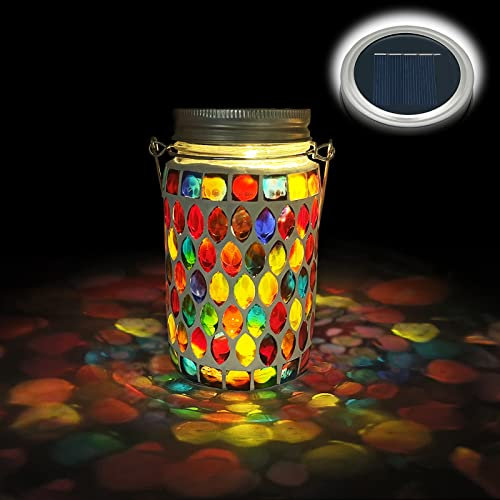 TOTHDATE 1PCS Mosaic Solar Lights Outdoor Garden, On/Off Glass Hanging Solar Mosaic Lanterns Lights IP65 Waterproof for Table Lawn Path Courtyard Deck Fence, Red Mosaic Glass