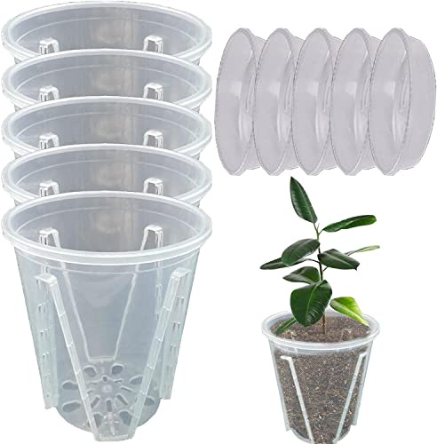 Lot de 5 pots à orchidées, transparents, avec soucoupes, en plastique, pour orchidées, pot de fleurs, pour intérieur et extérieur, balcon, bureau (21 cm + plateau)