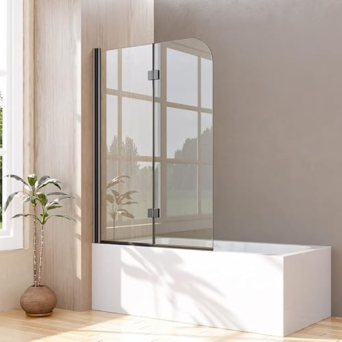Duschwand für Badewanne 2-teilig 100x140cm Faltbar Schwarz Doppelfaltflügeltür Duschtrennwand, Trennwand Badewannenwand Sicherheitsglas Badewannenaufsatz Dusche mit 6mm Nano Glas