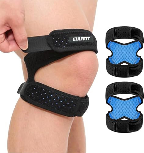 EULANT Ginocchiera con Cuscinetti in Silicone Ammortizzanti, Fascia Elastica per Tendine Rotula,Supporto Ginocchio, Doppia Pressione e Doppia Regolabile, 2 Pezzi