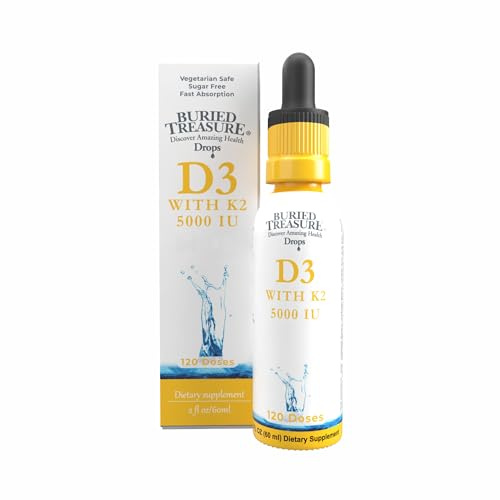 Buried Treasure Vitamin D3 & K2 Drops - 5000 IU D3 with 100 mcg K2 for Bone, Heart & Immune Support, Sugar Free, 2 fl oz