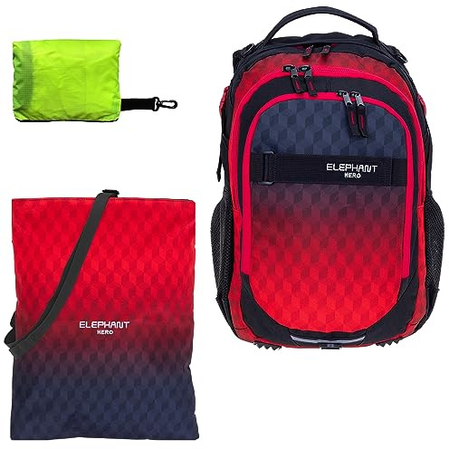 Elephant 3tlg. Set Schulrucksack Hero 12868 Red Cube rtp | Signature Rot Jungen Mädchen Rucksack Sportbeutel Turnbeutel Regencover Attach Bag Raincover