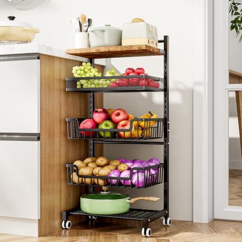 HapiRm Fruit Basket Kitchen Cart - 5 Tier Adjustable Vegetable Storage Rack | Large Capacity Kitchen Storage Trolley with Wheel, Veg Fruits Organiser with Wood Top for Pantry Snack Potato & Onion Storage