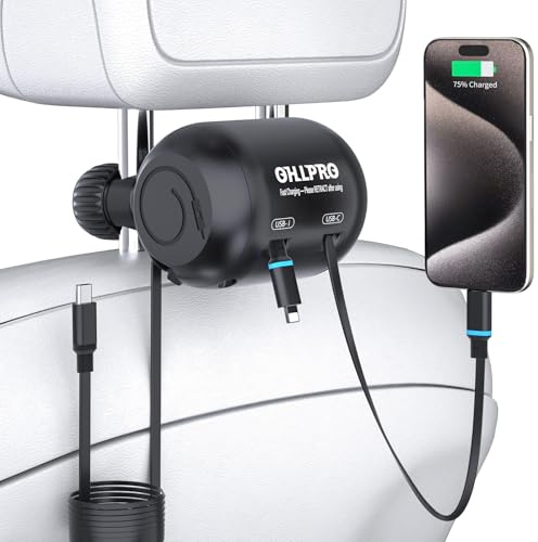 OHLPRO Einziehbares Auto Ladegerät, 2 in 1 Kopfstütze Einziehbares Kfz Ladegerät, 45W Handy Schnellladegerät, Aufrollbares Rücksitz Autoladegerät Kompatibel mit iPhone/Galaxy/Pixel/Google/Huawei