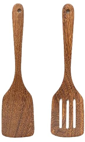 Vastsea 2 stycken stekspade trä, trä platt spatel, träkökssked med hål, skydd mot repor för panna, för köksredskap och wok