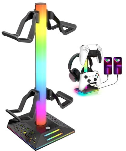 auvstar Support Casque Gamer,Support Manette,RGB 10 Couleurs Claires,avec Port USB Type-c, Support de Casque de Bureau Universel pour Tous Les Casques de Jeu,Contrôleurs de Jeu (Noir)