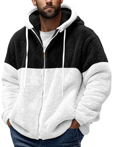 Outdoor Jacken Für Männer Pullover & Strickjacken Für Herren Blazer Männer Warm Teddy Fleece Patchwork Reißverschluss Plüschjacke Mit Kapuze Kleidung Herren Outdoor Pullover Herren (Schwarz,Xl)