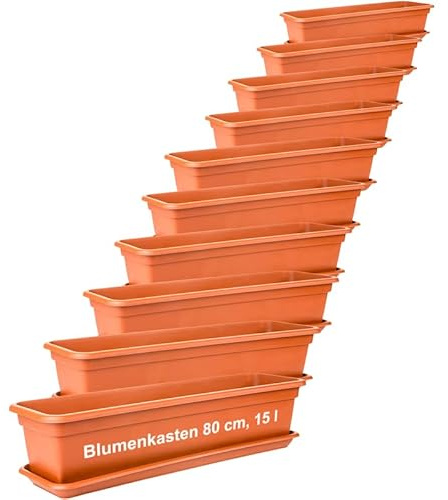 2friends Blumenkasten Set 80cm, Terracotta â€“ 10er-Set Balkonkästen mit Untersetzer, Hochwertiger Kunststoff, EU