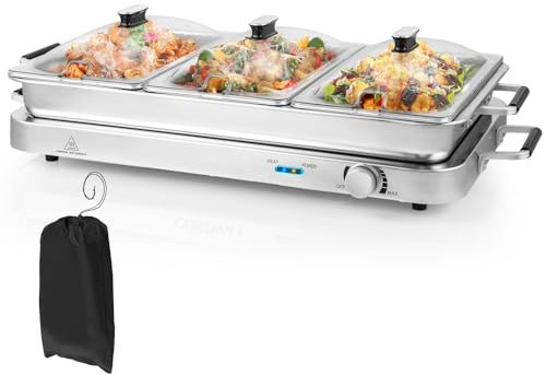 GYMAX Vassoio per Buffet Elettrico, Scaldavivande 2-in-1 con 3 Coperchi e 8 Vassoi in Acciaio Inox da 8 L, Borsa da Trasporto, Piastra Riscaldante Portatile con Controllo di Temperatura per Feste